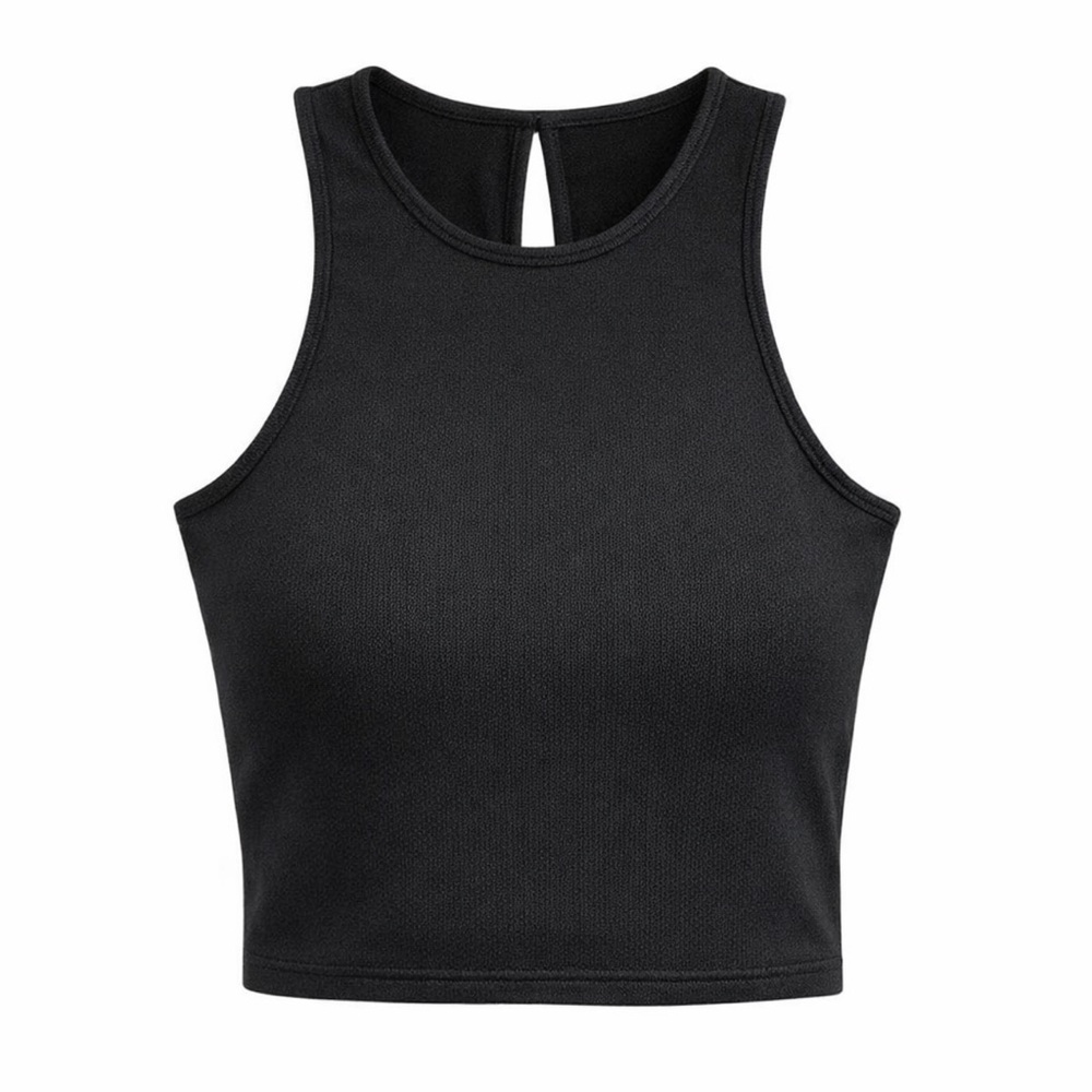 Material Girl Black Cropped Tank High Neck Keyhole Back Top